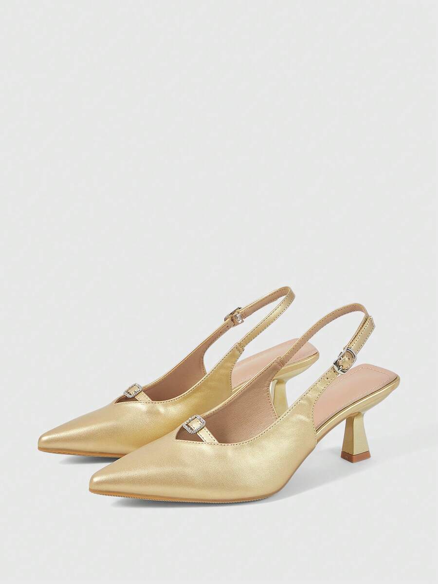 Sleekvia Women's New High-Heeled Pumps, Pointed Toe, Wine Glass Heel With Back Strap, PU Material, Rhinestone Buckle Decoration, Simple, Comfortable, Versatile, Elegant Work Shoes - Gold - View 1