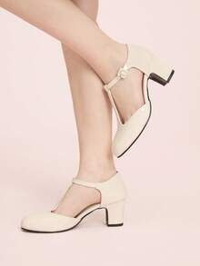 CUCCOO DOLLMOD Women's Shoes Round Toe Apricot Patent Leather T-Word With College Style Mary Jane Afternoon Tea Wear Thick Heel High Heel Shoes - Apricot - View 3