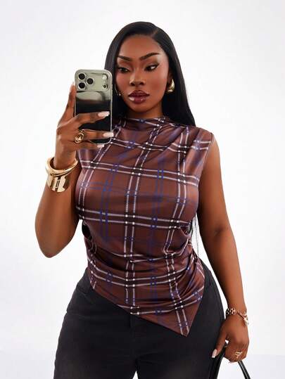 Radiana Plus Size Women Spring/Summer Plaid Asymmetrical Hem Fashionable Versatile Date/Travel Blouse