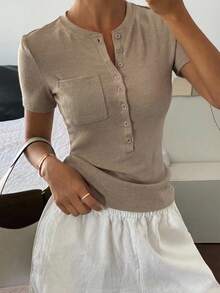 DAZY Women's Summer Fitted Regular Shoulder Short Sleeve Casual T-Shirt - Khaki - View 4