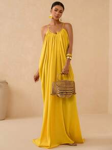 Vesra Spaghetti Strap Deep V-Neck Backless Pleated Draped Dress With Train, Sexy For Women - Yellow - View 5