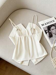 Franclia 休闲时尚百搭系带不对称下摆女士迷你裙，新款夏季卡其色纹理裙 - 米色 - 查看 2