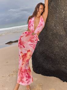 Opulessa Women's Floral Print Hollow Out Design Halter Neck Cover Up Dress, Vacation - Multicolor - View 6