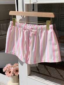 CovetEZ Damshorts med randiga knappar och dragsko i midjan, avslappnade shorts - Rosa - Visa 4