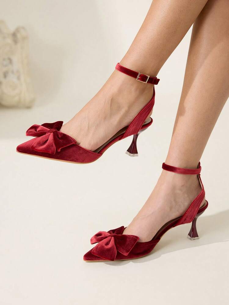 CUCCOO CHICEST Pointed Toe Sexy Kitten Heel Strap Hollow Out Bowknot Velvet Burgundy High Heels Wedding Shoes Summer Shoes Bride Shoes