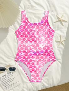 SHEIN Traje de baño de una pieza con estampado de escamas de pez para niña preadolescente, adecuado para vacaciones en la playa, fiestas en la piscina, fiestas en la playa - Rosa Pálido - Ver 3