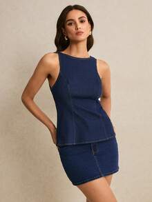 Poéselle New Women's Denim Top, Fitted Waist, Round Neck, Backless, Drawstring, Sleeveless, Casual Denim Top, Dark Blue Denim Top.Summer Tops  Festival Outfits For Women Casual Blouse For Women Vacation Outfits Women Y2K Tops Work Outfits For Women Backless Denim Dress Open Back Dresses For Women Denim Dress Jean For Women Zipper Top Summer Prep - Dark Wash - View 6