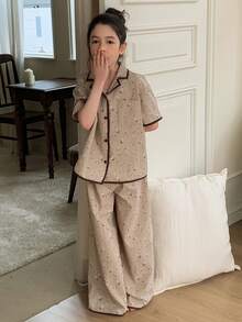 Dazy Kids Quần áo mặc nhà thoải mái cho bé gái tuổi teen mùa thu hè - Màu Khaki - Xem 6