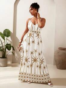 Veslaya Plus Size Women Palm Tree Print Casual Vacation Sleeveless Dress, Suitable For Summer Elegant Dress - Multicolor - View 8