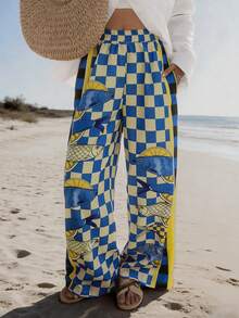 Vaclyn 女士休闲沙滩度假格子鱼纹宽松裤 - 彩色 - 查看 5