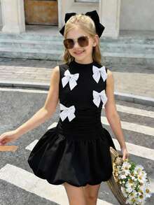 Tween Girls' Elegant Bowknot Collar Sleeveless Fitted Low Waist Bubble Hem Short Dress, Suitable For Vacation And Evening Party, Spring/Summer - Black - View 1