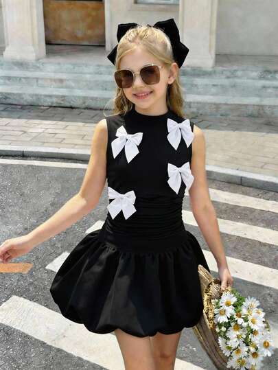 Vestido corto elegante para niñas preadolescentes con cuello de lazo, sin mangas, ajustado de cintura baja y dobladillo abombado, adecuado para vacaciones y fiestas de noche, primavera/verano