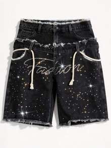 ROMWE MEN 男士带口袋做旧腰带水钻装饰牛仔短裤 - 灰色 - 查看 8