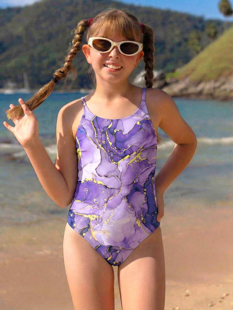 SHEIN Trajes de baño para niñas de secado rápido con espalda cruzada, traje de baño con correa ajustable de 8 a 14 años - Púrpura malva - Ver 1