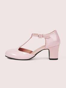 CUCCOO DOLLMOD 女士圆头粉色漆皮T字形玛丽珍鞋，学院风下午茶休闲粗跟高跟鞋 - 粉色 - 查看 7