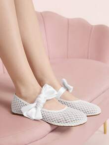 CUCCOO DOLLMOD Modische weiße Mesh-Schleifenflache Schuhe, Frühlingschuhe für Osterferien - Weiss - Übersicht 1