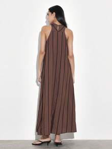 KSTM 女士吊带条纹长款连衣裙，无袖及地，夏季飘逸A字型晚礼服，波西米亚风休闲长裙，系带设计 - 棕色 - 查看 2