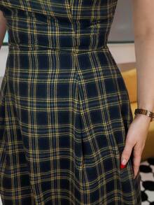 Gretanique Vintage Sleeveless Waist Gathered A-Line Plaid Dress For Women Checkered Dress Women Midi Dress Plaid Dress Women Frenchy Women Dresses Elenzga Women Dress - Multicolor - View 3