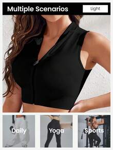 Easithlete Top corto de deportes con cierre tipo cremallera, camiseta ajustada para hacer ejercicio - Negro - Ver 4