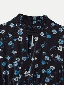 lacRébo Blue Vintage Style Floral Print High Ruffle Neck Mini Dress With Cut Out Chest Detail And Shirred Waist French Style Parisian Style - Black - View 9