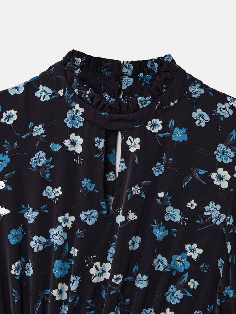 Blue Vintage Style Floral Print High Ruffle Neck Mini Dress With Cut Out Chest Detail And Shirred Waist French Style Parisian Style
