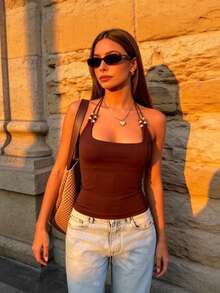 Ritzy Row 夏季度假串珠休闲背心 - 棕色 - 查看 1