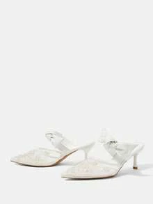 CUCCOO HITCHD Women Shoes Summer And Summer New Pearl Embroidery Bow Pointed Thin Heel Slip-On Middle Heel 6.5cm Women's High Heel Shoes Elegant Mesh Solid Color Fairy Style Bridal Dating Shoes Summer Shoes Wedding Shoes Bride Shoes - White - View 3