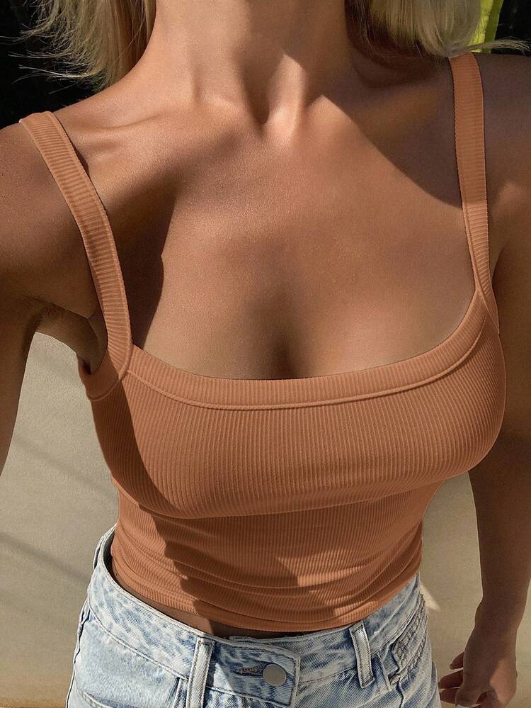 Women's Summer Square Neck Fitted Cropped Camisole, Casual Streetwear Layering Tank Top