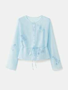 lacRébo Sky Blue Sheer Embroidered Organza Blouse With Button Front And Tie Waist Romantic Spring Summer Style French Style Parisian Style - Baby Blue - View 7
