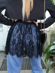 Elenary Edit 女士蕾丝边简约 A 字裙，休闲日常穿着 Y2k - 黑色 - 查看 3