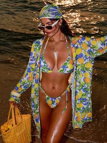 Swim SXY 4件套女士柠檬花随机印花时尚夏季沙滩度假比基尼套装，含罩衫和头巾 - 彩色 - 查看 3