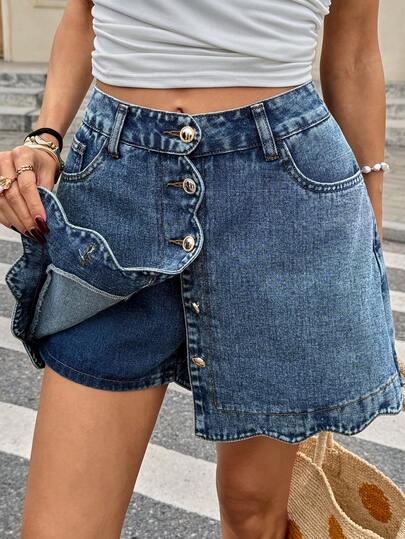 Serisse 女士休闲前扣牛仔迷你裙，春夏至夏日狂欢节服装通勤度假毕业时尚Y2K可爱街头风俏皮派对婚礼优雅商务休闲女式牛仔裙高腰荷叶边装饰纽扣荷叶边牛仔裙纽扣前扣高腰牛仔裙少女迷你裙复古高腰裙夏季简约牛仔裙复活节必备荷叶边牛仔裙百搭休闲