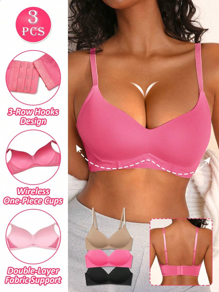 NudeFit 3cps Women's Comfortable Casual Minimalist Solid Underwear Without Underwire Soft Cup Anti-Sagging Bra - Multicolor - View 1