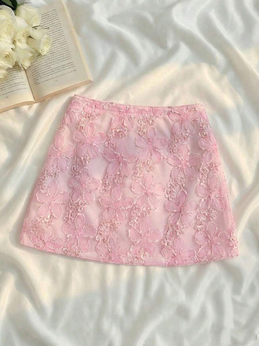 SHEIN MOD 女士优雅花卉装饰半身裙，春夏款，适合婚礼宾客、节日、女士正装、奢华场合，包括粉色、修身等。也适合晚宴、生日、约会等场合。 - 粉色 - 查看 1