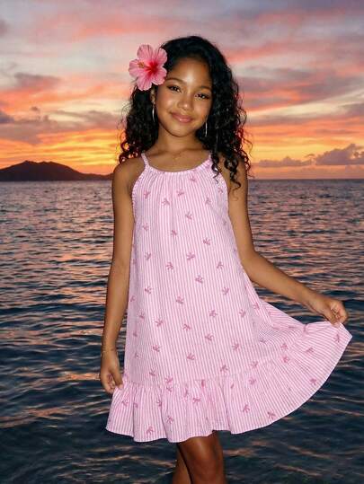 Sparklyn Tween Girl Striped Bow Print Casual Vacation Camisole Dress