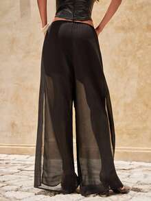 Nevyona Pantaloni largi pentru femei, culoare solidă, cu design cu crăpături în talie, culoare solidă - Negru - Vizualizare 2