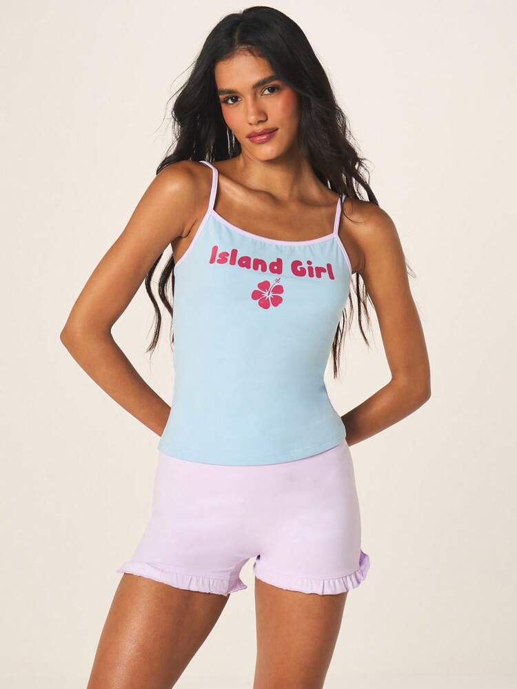 MISSGUIDED Women Two Piece Cami And Ruffle Hem Shorts Pajama Set With Island Girl Hibiscus Print