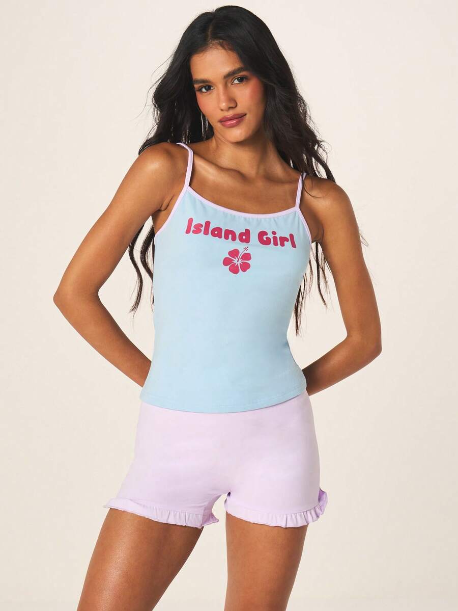 MISSGUIDED 女士两件套吊带背心和荷叶边短裤睡衣套装，饰有岛屿女孩芙蓉花印花 - 彩色 - 查看 1