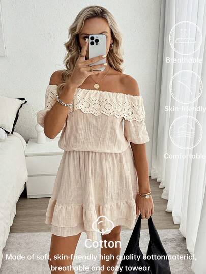 Louniche Women's Casual Vacation Style Linen Off-Shoulder Ruffle Patchwork Short Sleeve Waist Ruffle Hem Short Dress, Spring/Summer