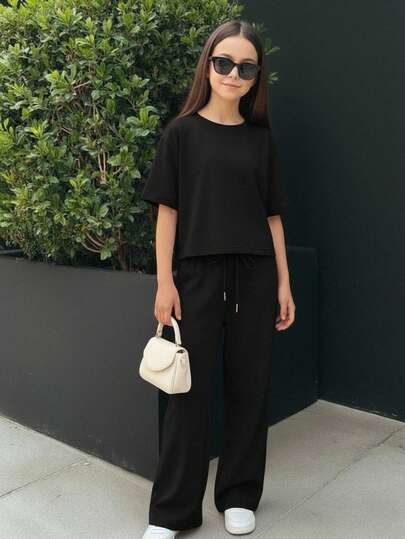 Conjunto set de 2 piezas de jersey de manga corta cómodo para niñas preadolescentes y pantalones casuales con cordón