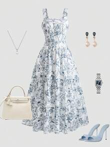 SHEIN 女士蓝白碎花露背蝴蝶结腰A字连衣裙，魅力优雅休闲度假通勤性感时尚约会法式街头复古百搭春夏蓝白新款长裙 - 彩色 - 查看 8