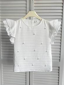 SHEIN Tween Girl Spring/Summer Casual Beaded Elegant Ruffle Trim Woven Textured Round Neck Blouse - White - View 5