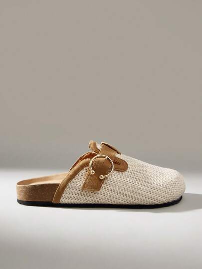 Solecia Mules beiges en paille pour femmes, à bout fermé, avec semelle en liège, boucle métallique pour un style décontracté