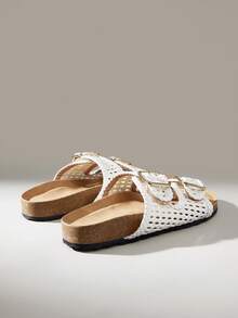 Solecia 欧美风编织双扣凉鞋，女士软木底休闲拖鞋，户外沙滩度假鞋 - 白色 - 查看 3