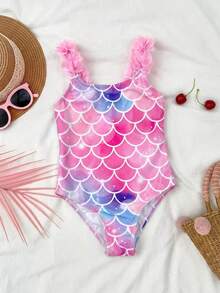 SHEIN 少女美人鱼鳞片图案连体泳衣 - 粉色 - 查看 3