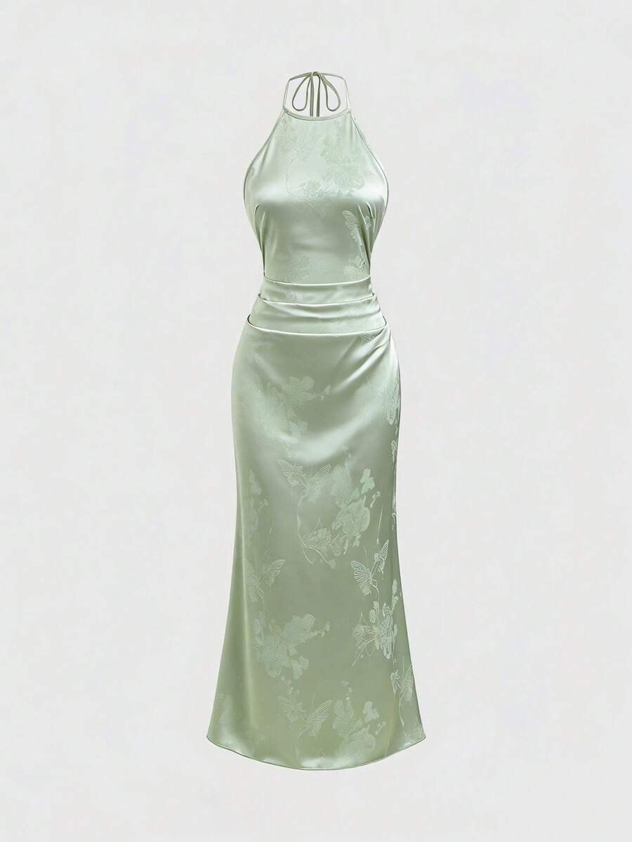 Sweetra Spring/Summer New Arrival Halter Midi Dress, Suitable For Vacation, Birthday Party Outfit - Green - View 1