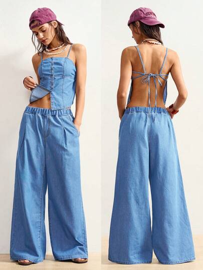 Bohemela 女士休闲系带露背吊带背心和牛仔裤套装，夏季