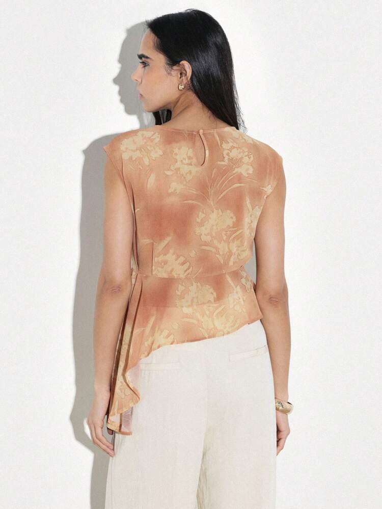 KSTM Asymmetric Draped Peplum Blouse With Floral Print And Tie Detail For Spring Summer Elegant Occasion Wear