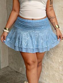 Rustia Plus Size Women Lace Ruffle Fashionable Versatile Date Night/Outing Mini Skirt - Blue - View 3