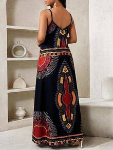 SHEIN Lady Đầm slip nữ họa tiết hình học có túi, kiểu dáng thường ngày, thích hợp cho kỳ nghỉ. - màu đen - Xem 2